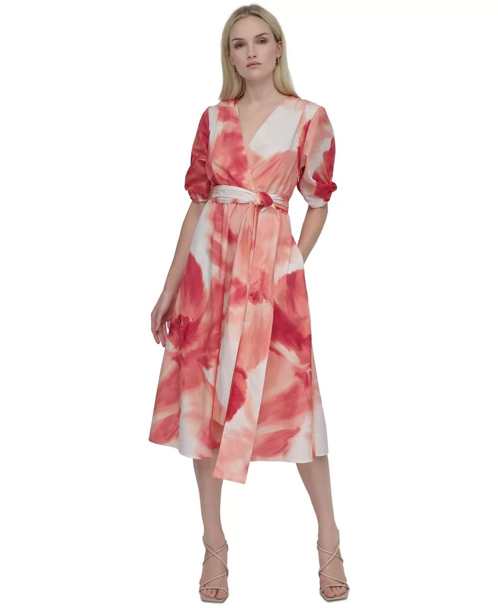 DKNY Women's Printed Cotton Puff-Sleeve Fit & Flare Dress Multi Size 2 3889